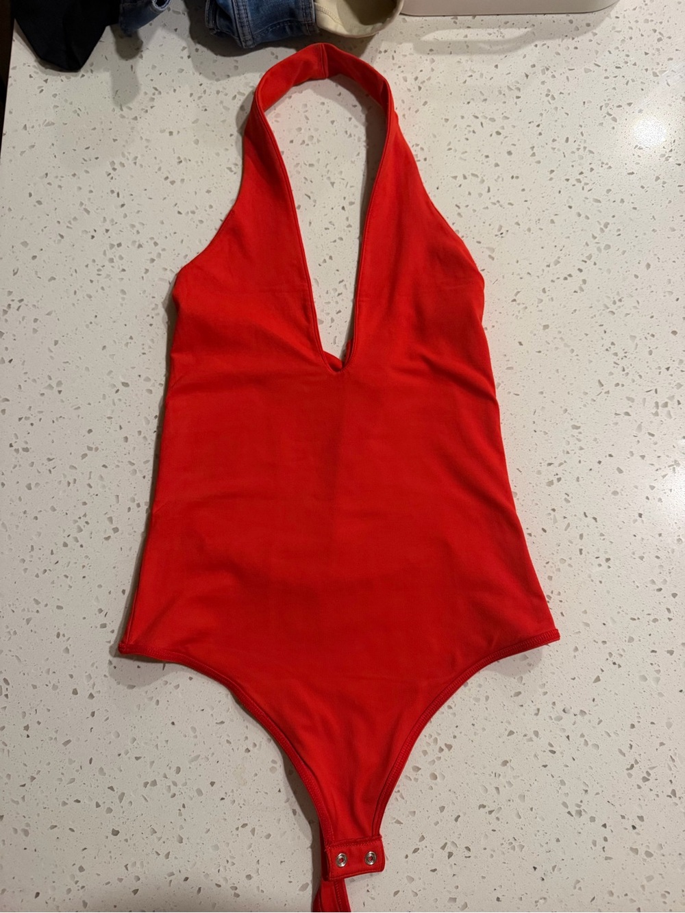 Red v neck halter body suit